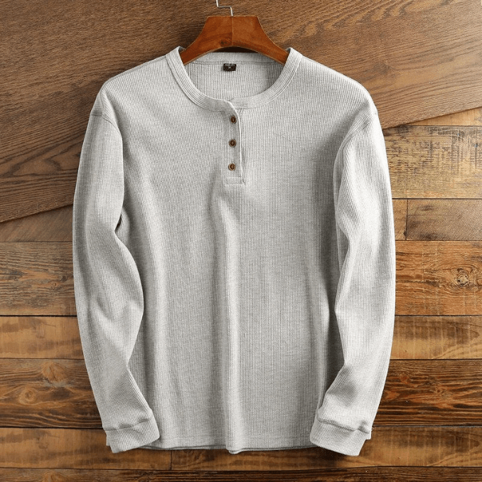 Men’s Waffle Knit Henley Shirt Long Sleeve Textured Casual Top-Azzella London
