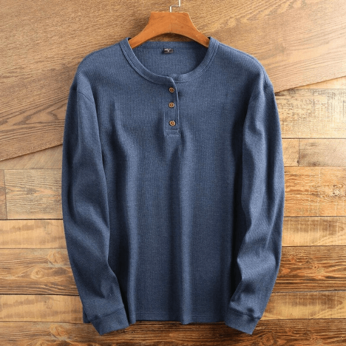 Men’s Waffle Knit Henley Shirt Long Sleeve Textured Casual Top-Azzella London