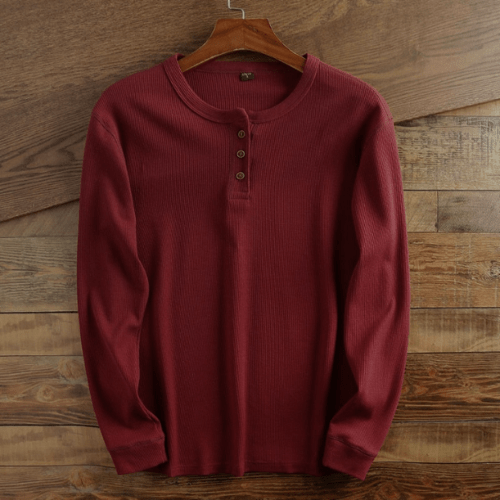 Men’s Waffle Knit Henley Shirt Long Sleeve Textured Casual Top-Azzella London