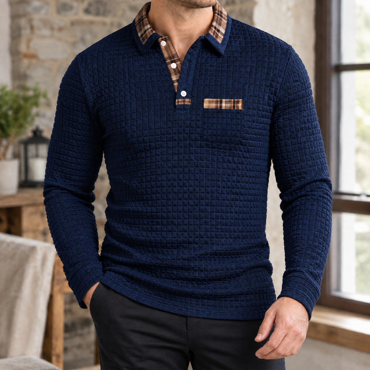 Men's Waffle Textured Polo Shirt-Azzella London