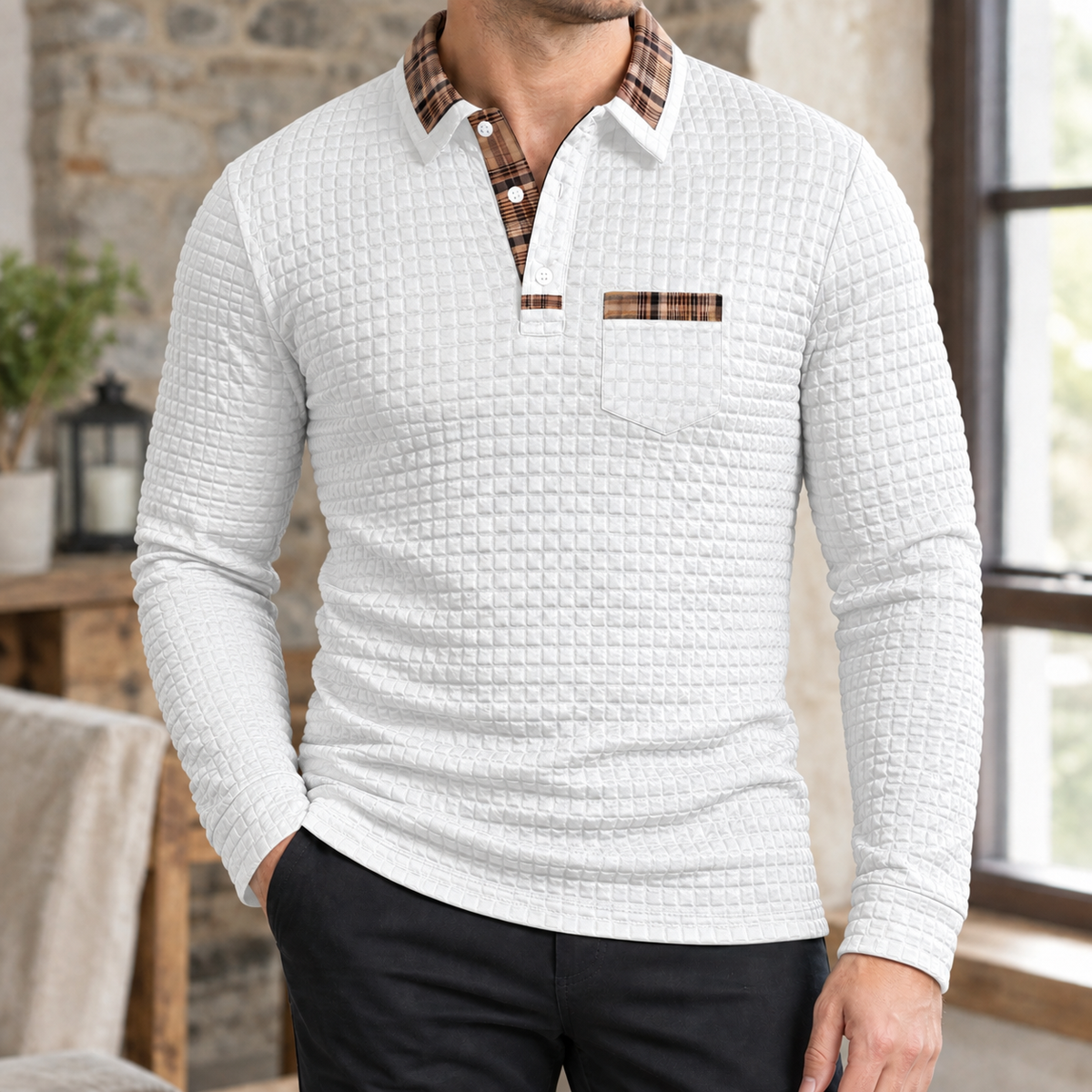 Men's Waffle Textured Polo Shirt-Azzella London