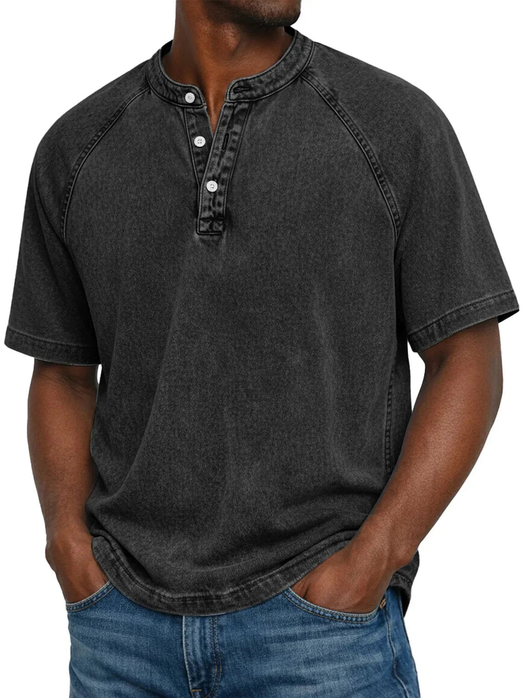 Men’s Washed Henley Short Sleeve Casual T-Shirt-Azzella London