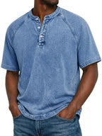 Men’s Washed Henley Short Sleeve Casual T-Shirt-Azzella London