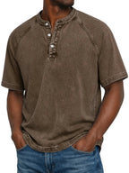 Men’s Washed Henley Short Sleeve Casual T-Shirt-Azzella London