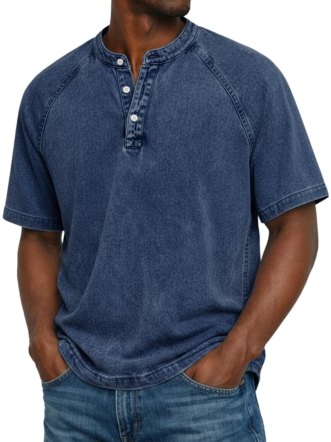 Men’s Washed Henley Short Sleeve Casual T-Shirt-Azzella London