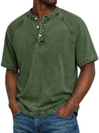 Men’s Washed Henley Short Sleeve Casual T-Shirt-Azzella London