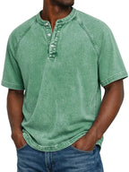 Men’s Washed Henley Short Sleeve Casual T-Shirt-Azzella London