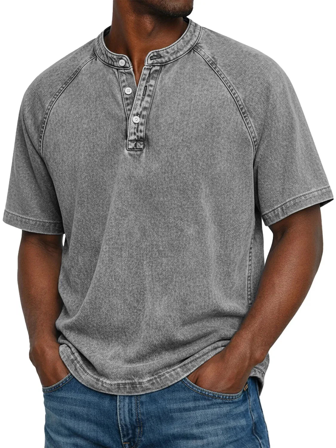 Men’s Washed Henley Short Sleeve Casual T-Shirt-Azzella London