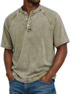 Men’s Washed Henley Short Sleeve Casual T-Shirt-Azzella London