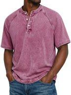 Men’s Washed Henley Short Sleeve Casual T-Shirt-Azzella London