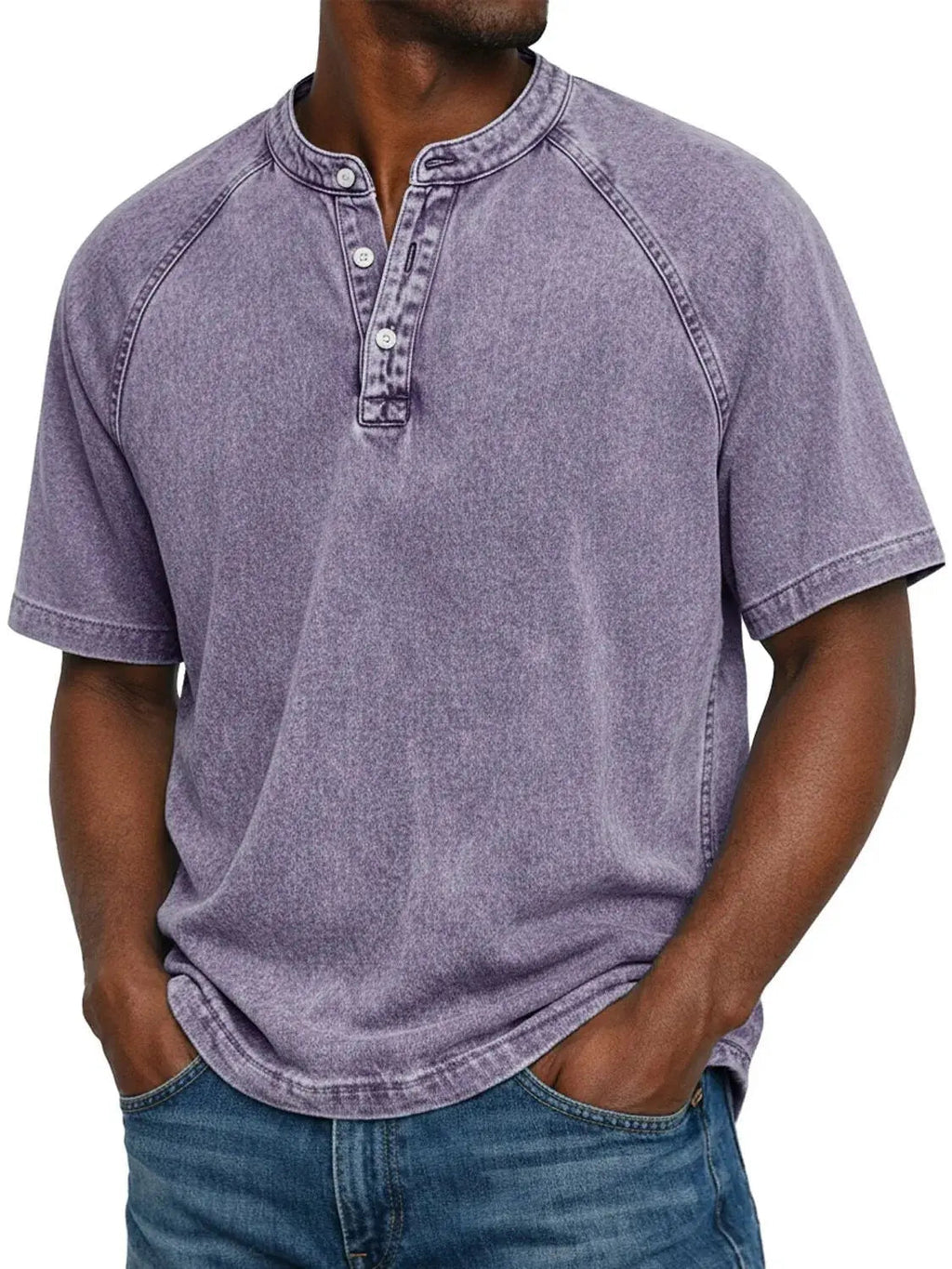 Men’s Washed Henley Short Sleeve Casual T-Shirt-Azzella London