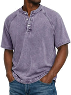 Men’s Washed Henley Short Sleeve Casual T-Shirt-Azzella London