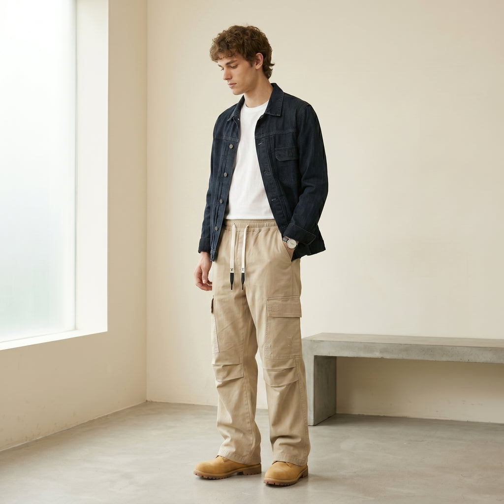 Men's Wide-Leg Cargo Drawstring Trousers-Azzella London