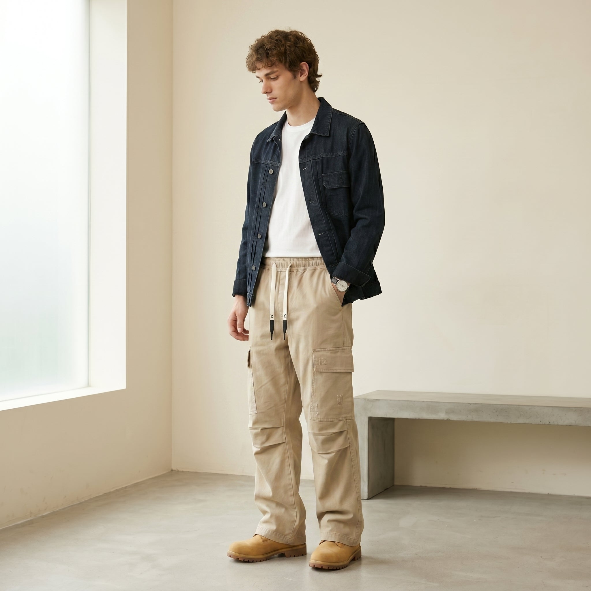 Men's Wide-Leg Cargo Drawstring Trousers-Azzella London