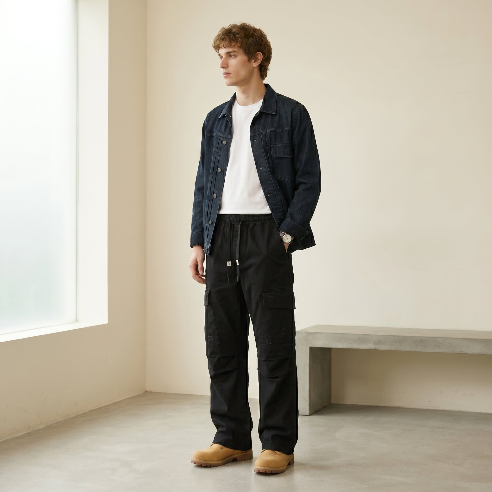 Men's Wide-Leg Cargo Drawstring Trousers-Azzella London