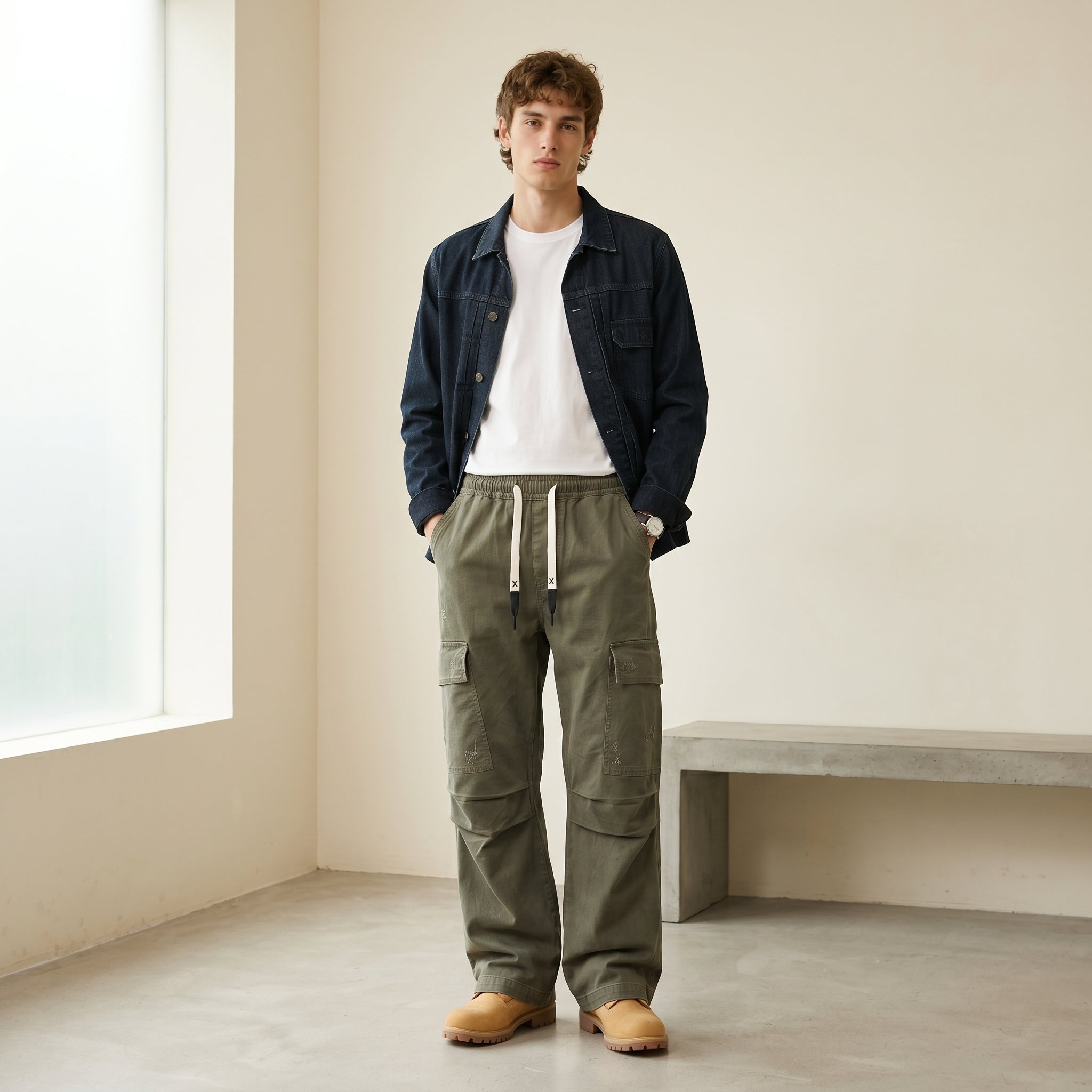 Men's Wide-Leg Cargo Drawstring Trousers-Azzella London