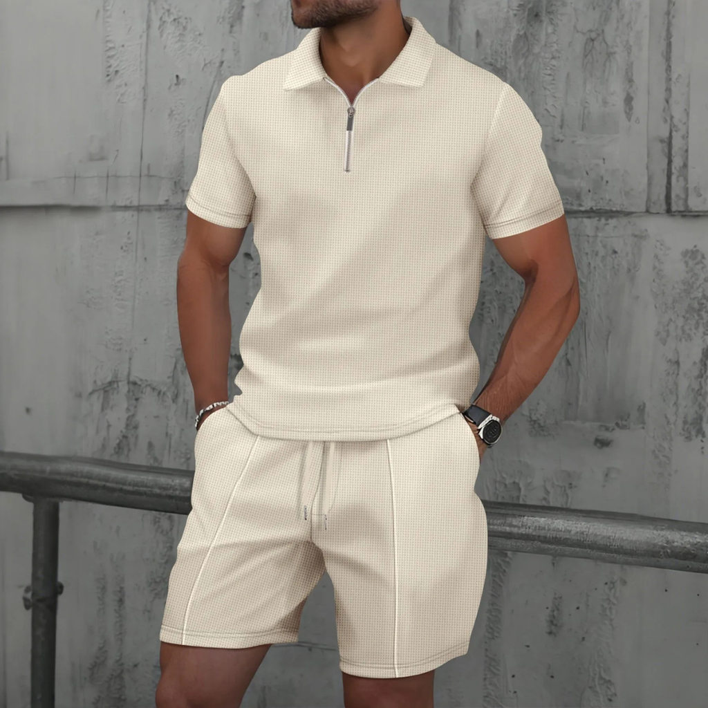 Men's Zip-Collar Polo & Shorts Set-Clothing Set-Azzella London