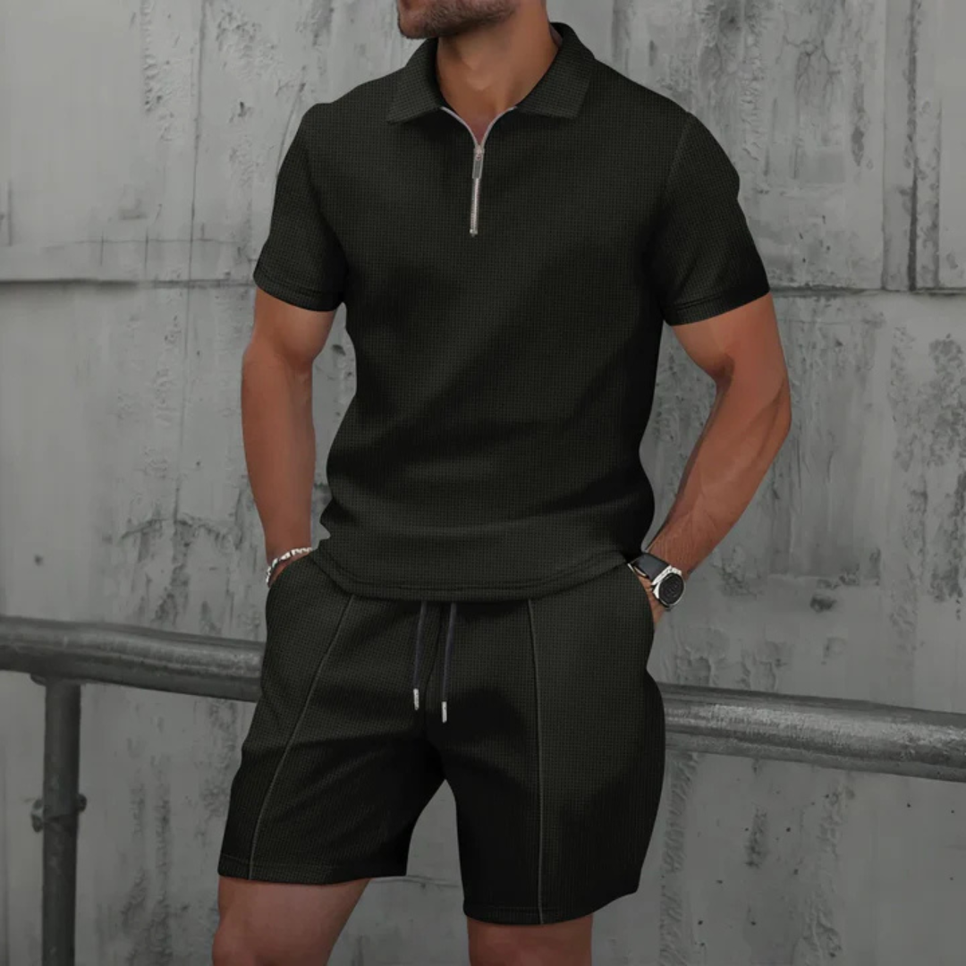 Men's Zip-Collar Polo & Shorts Set-Clothing Set-Azzella London