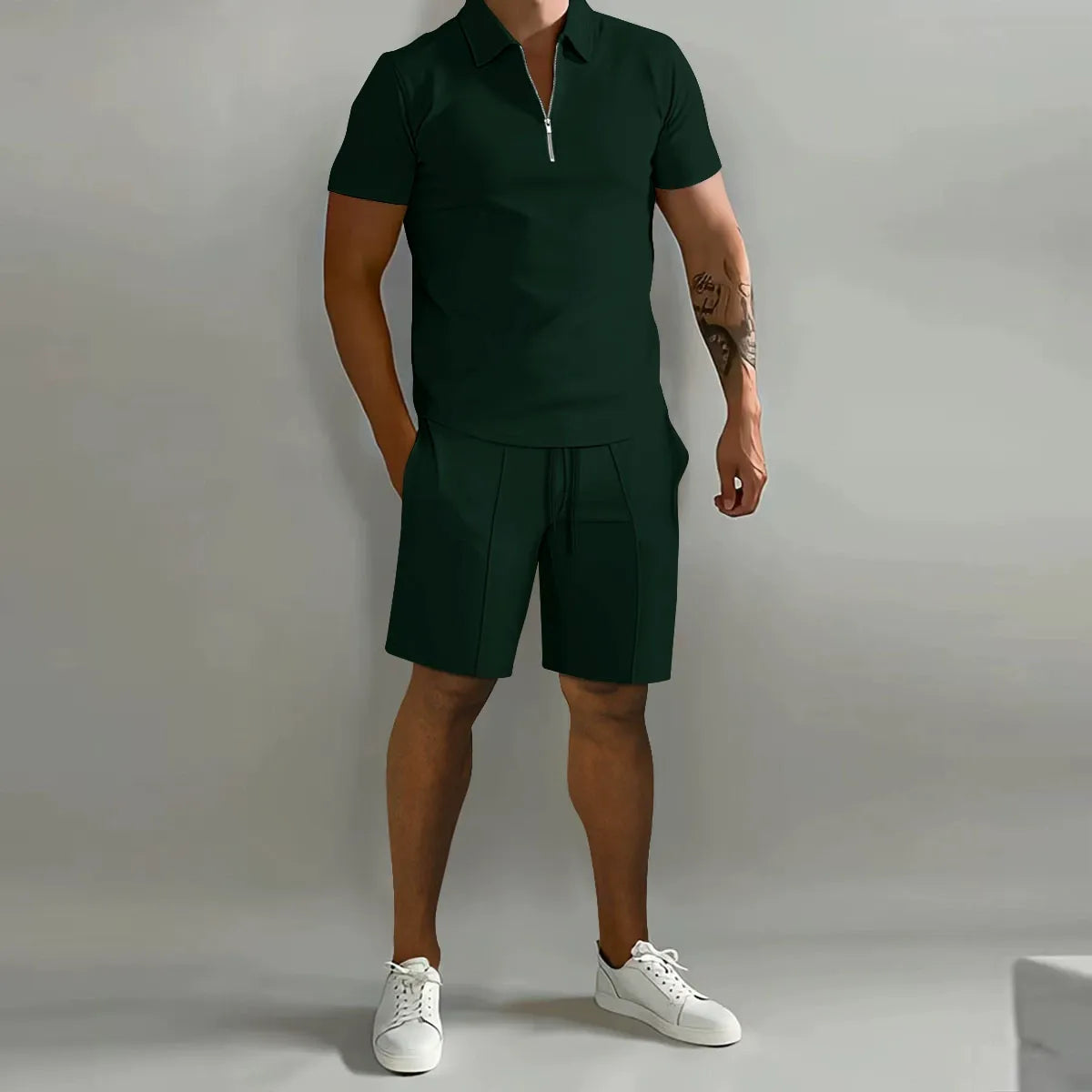Men's Zip-Collar Polo & Shorts Set-Clothing Set-Azzella London