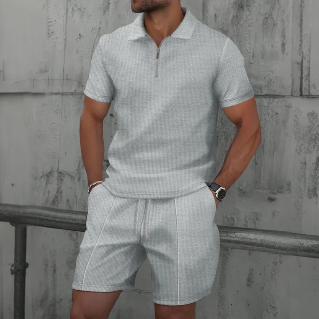 Men's Zip-Collar Polo & Shorts Set-Clothing Set-Azzella London