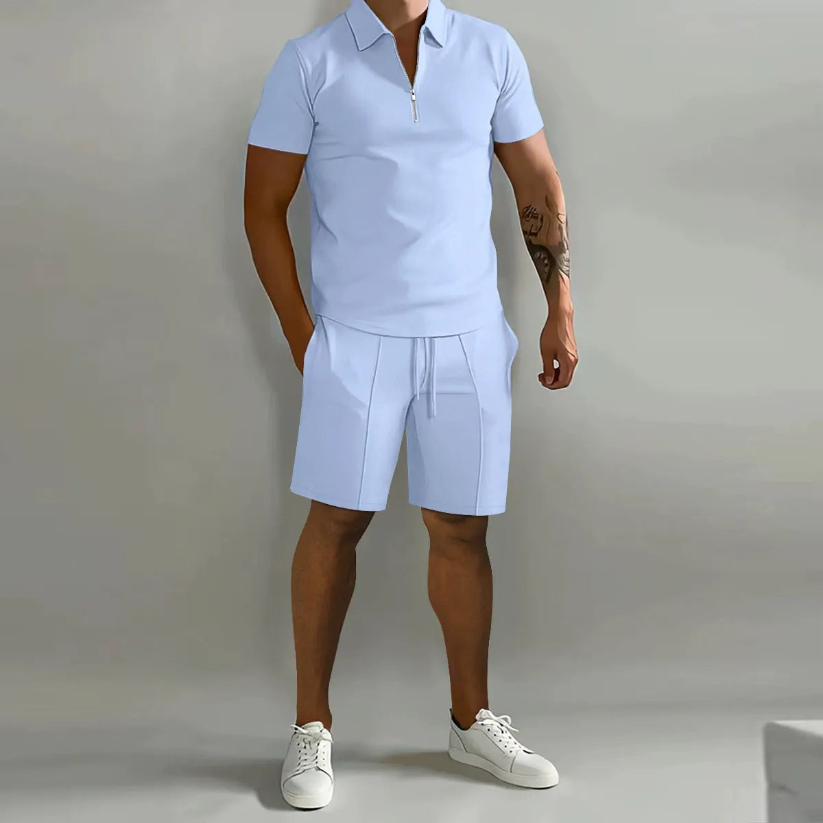 Men's Zip-Collar Polo & Shorts Set-Clothing Set-Azzella London