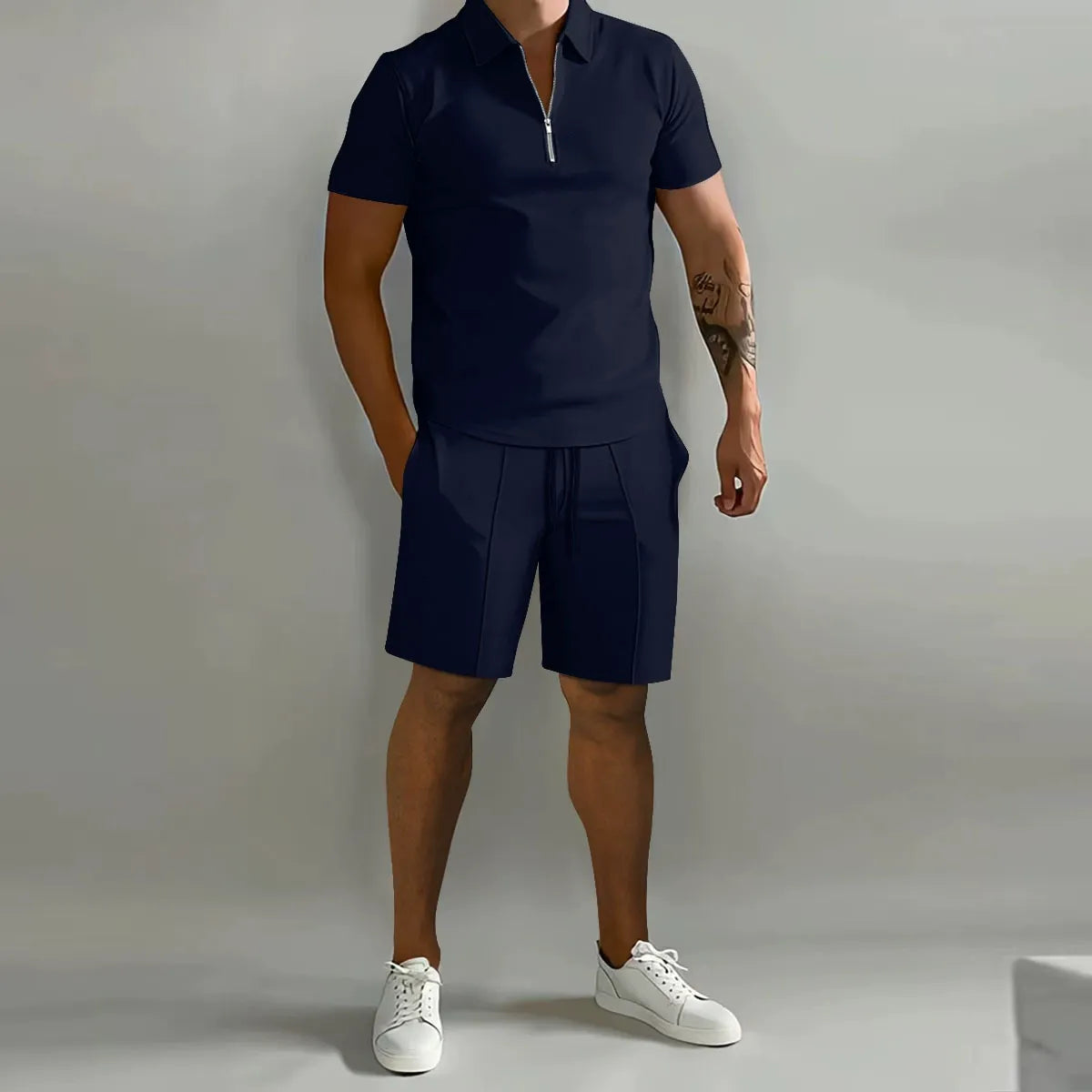 Men's Zip-Collar Polo & Shorts Set-Clothing Set-Azzella London