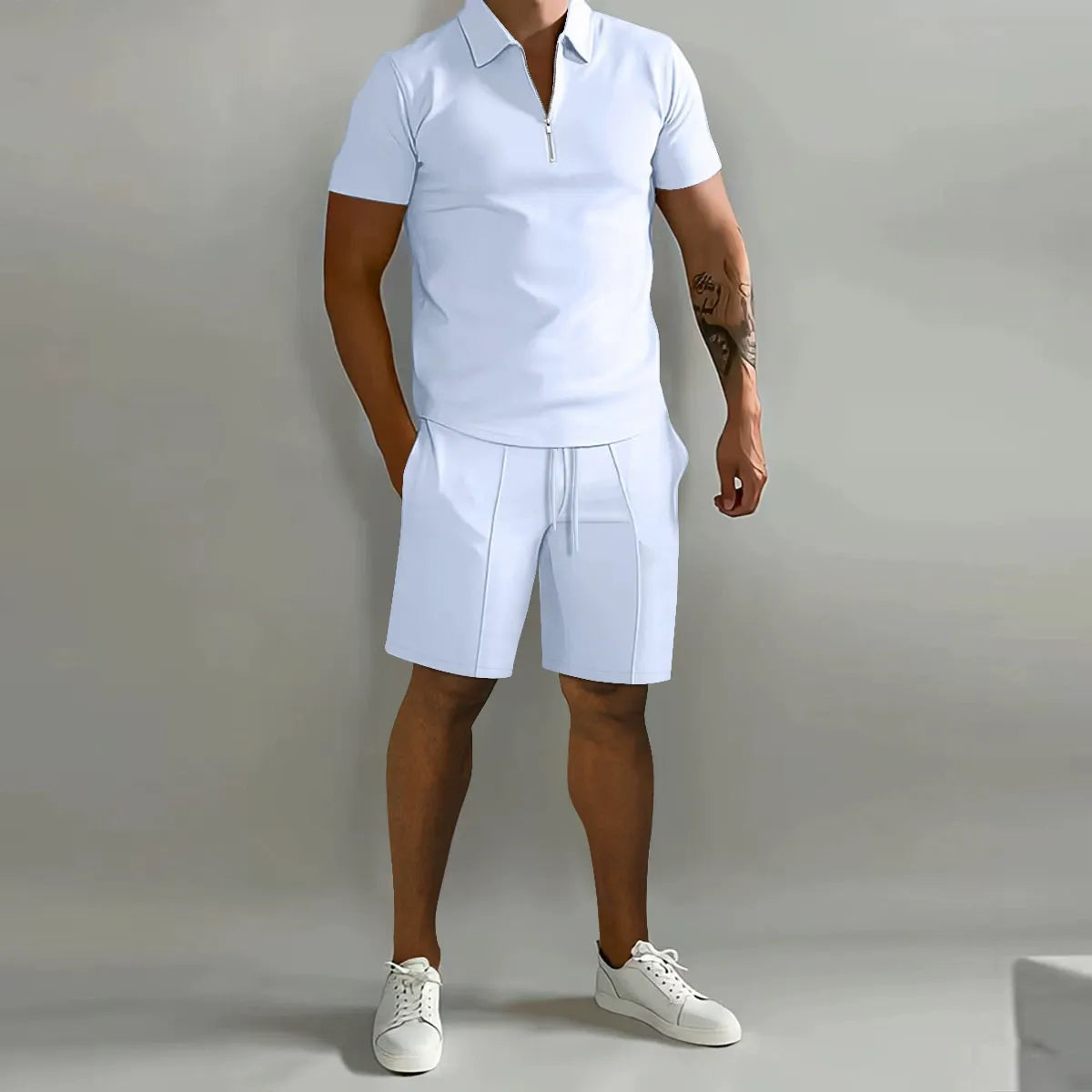 Men's Zip-Collar Polo & Shorts Set-Clothing Set-Azzella London