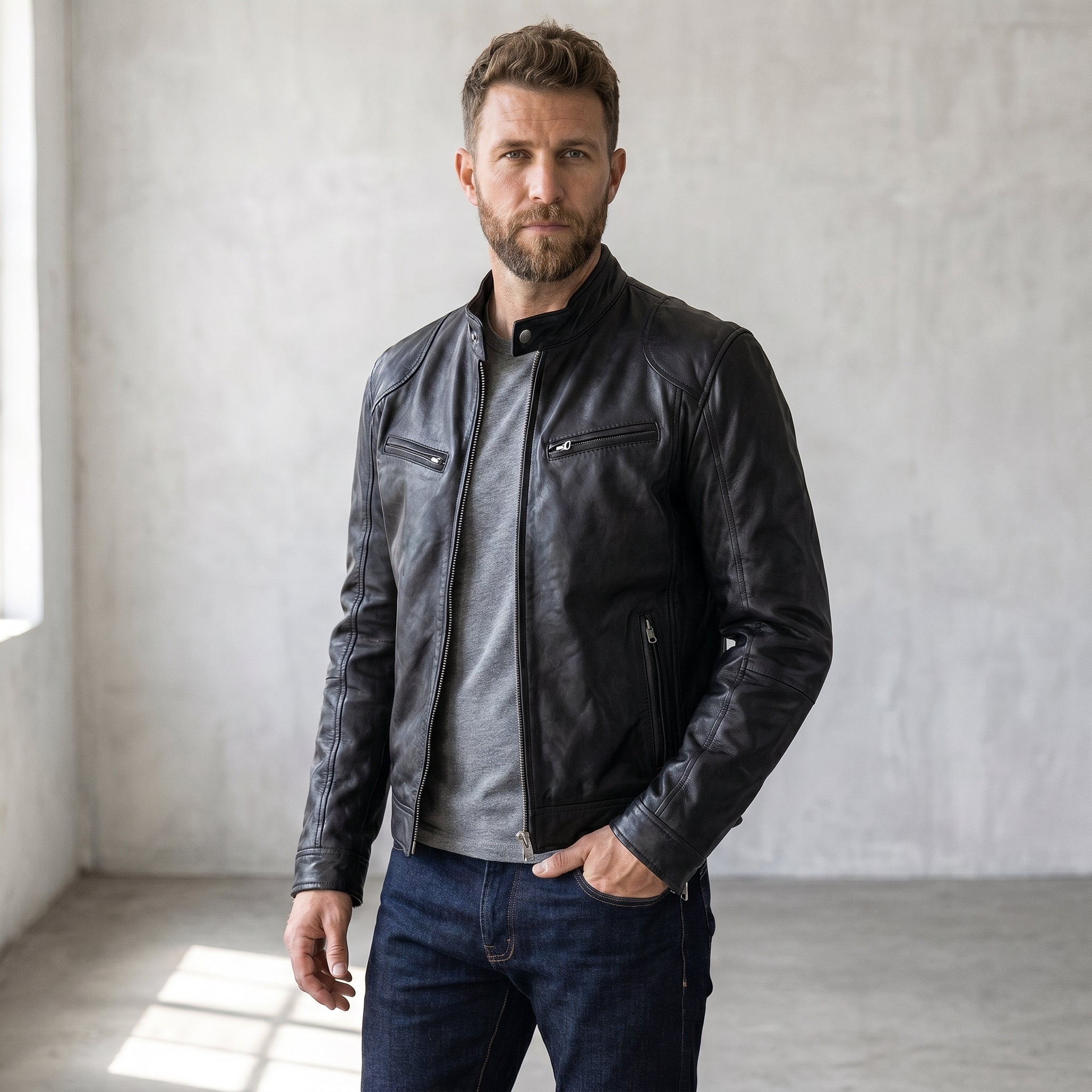 Men's Zip-Front Biker Jacket-Azzella London