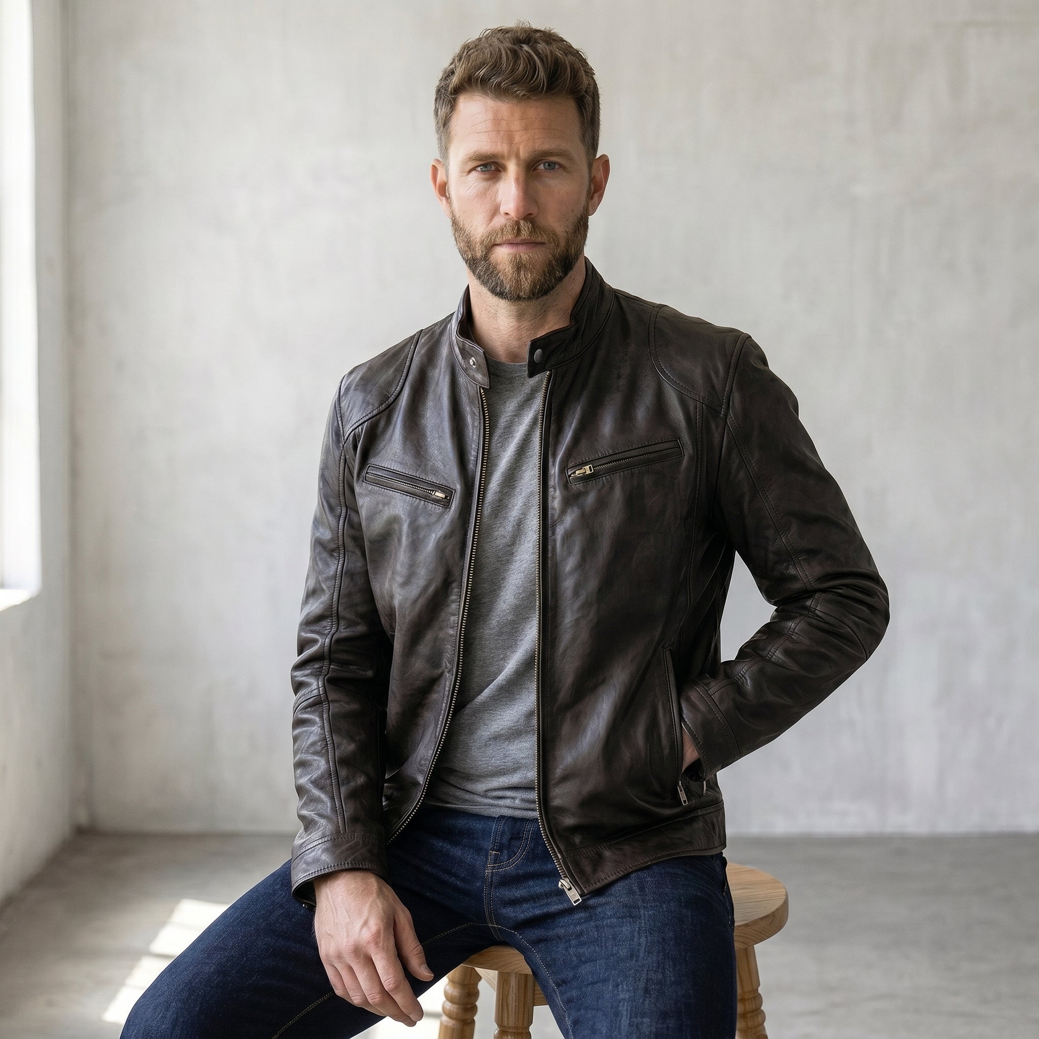 Men's Zip-Front Biker Jacket-Azzella London
