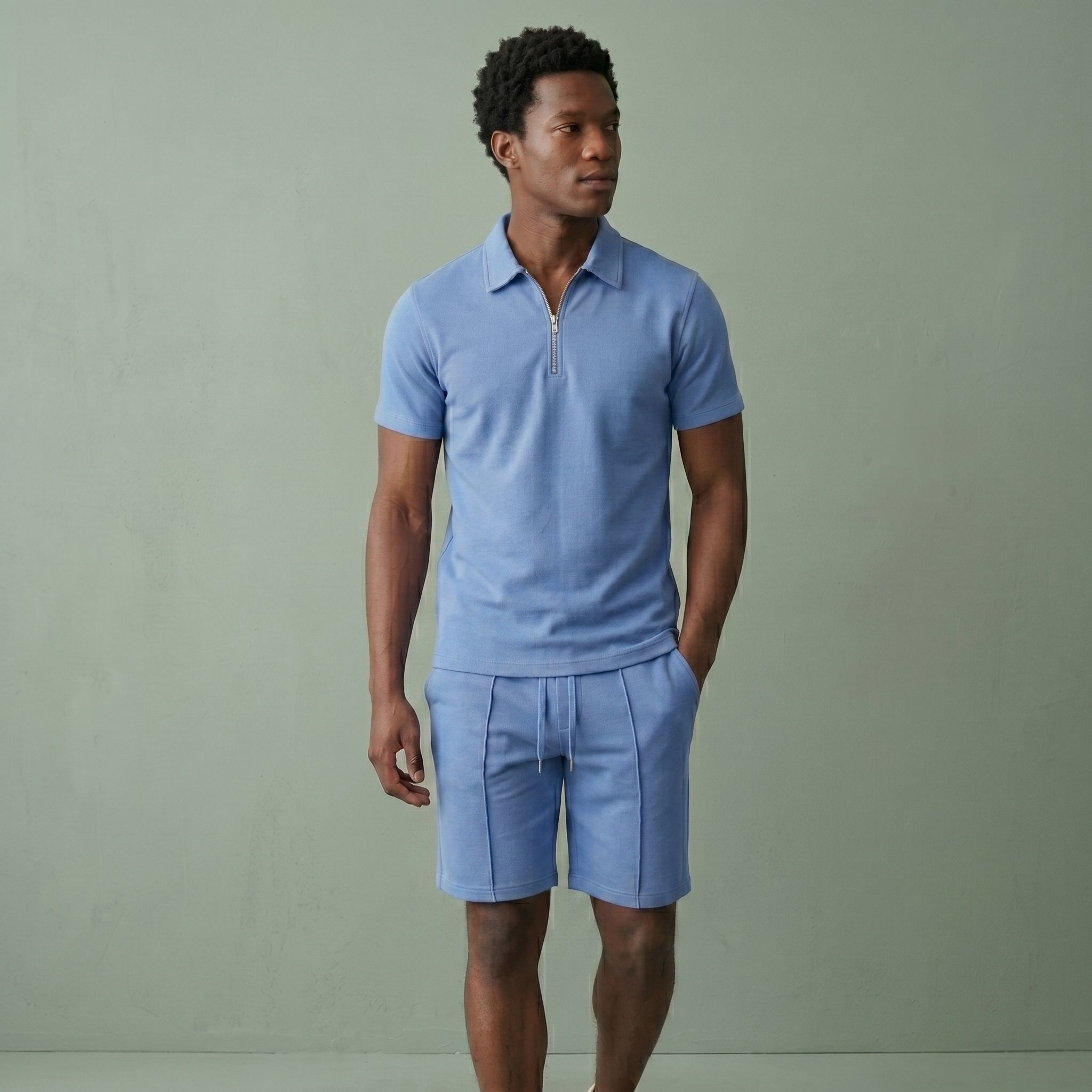 Men's Zip Polo Shirt and Shorts Set-Azzella London
