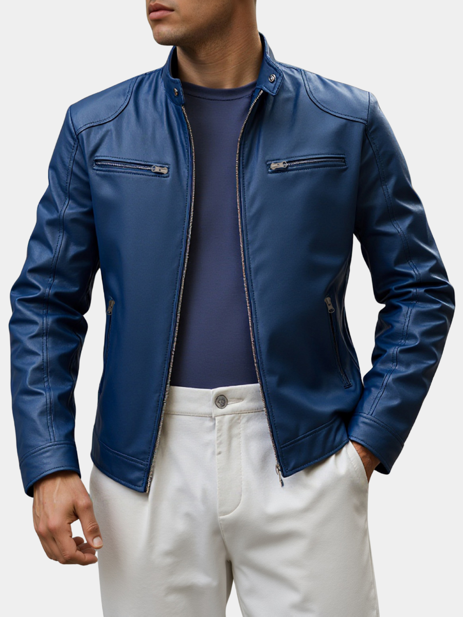 Men's Zip Stand Collar PU Jacket-Jacket-Azzella London