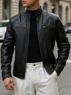 Men's Zip Stand Collar PU Jacket-Jacket-Azzella London