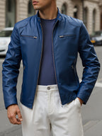 Men's Zip Stand Collar PU Jacket-Jacket-Azzella London