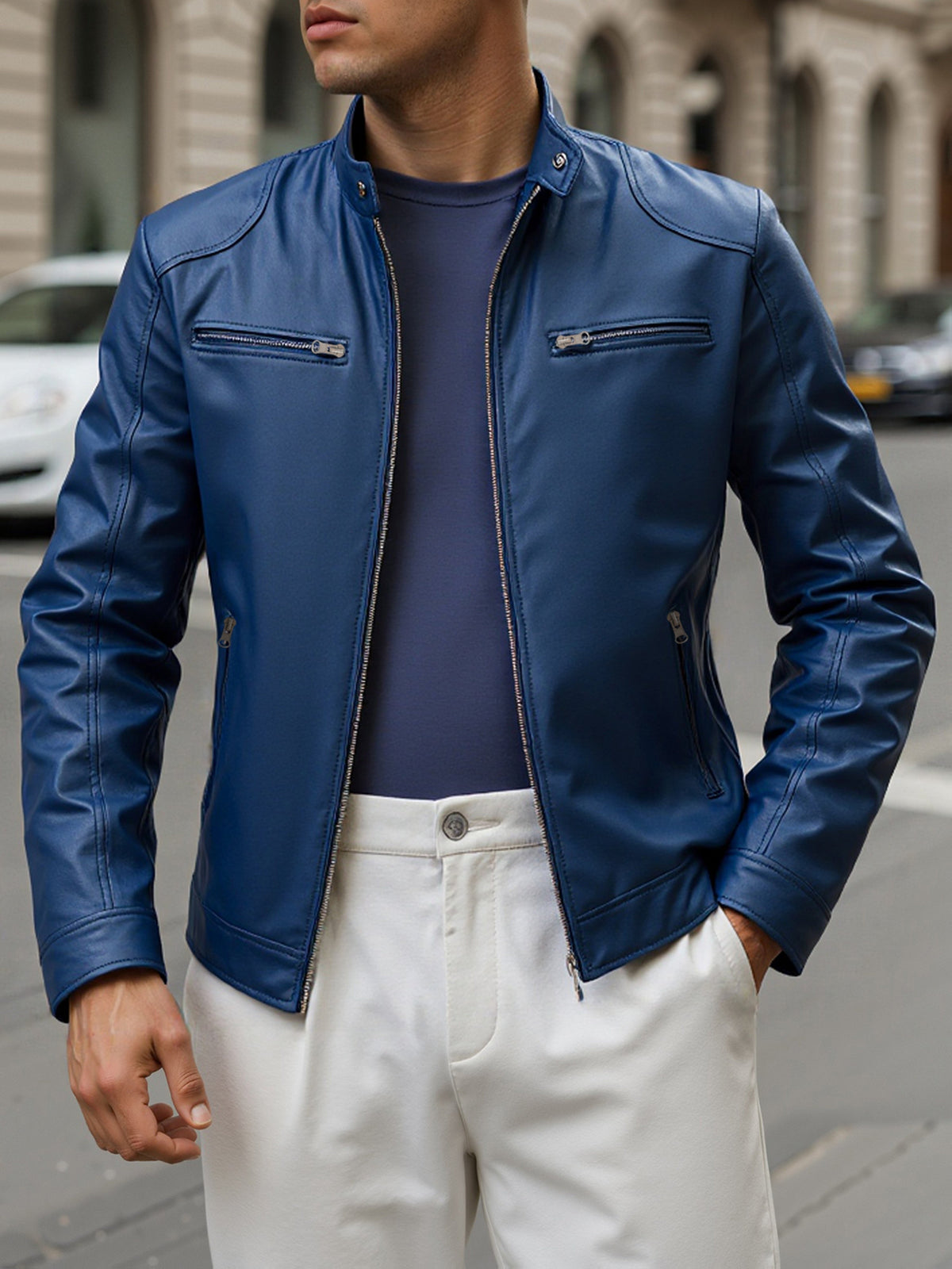 Men's Zip Stand Collar PU Jacket-Jacket-Azzella London