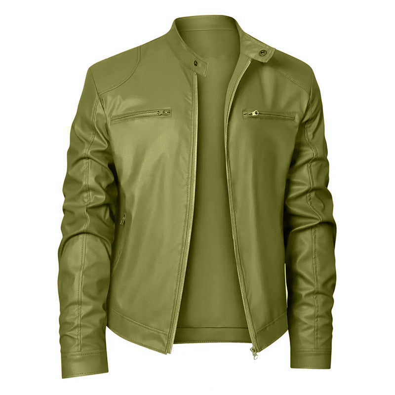 Men's Zip Stand Collar PU Jacket-Jacket-Azzella London