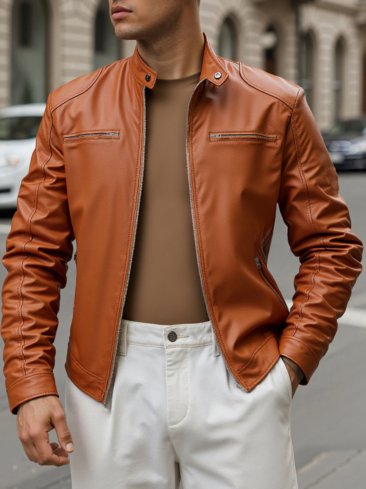 Men's Zip Stand Collar PU Jacket-Jacket-Azzella London