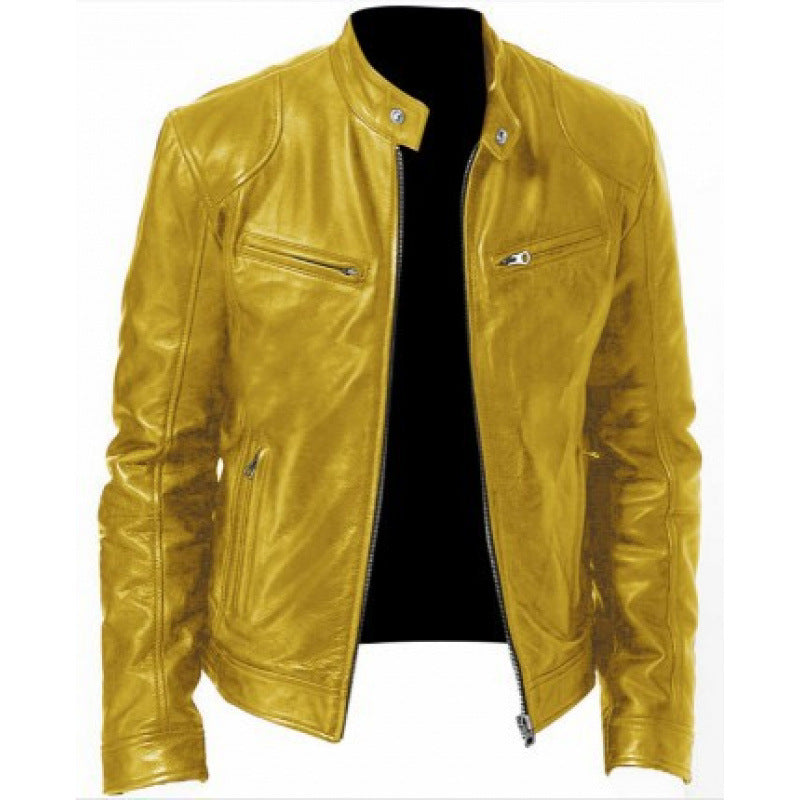 Men's Zip Stand Collar PU Jacket-Jacket-Azzella London