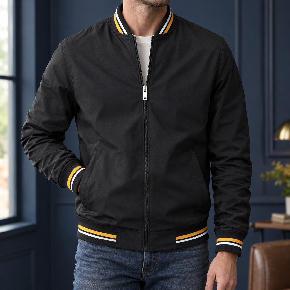 Men's Striped Ribbed Varsity Jacket