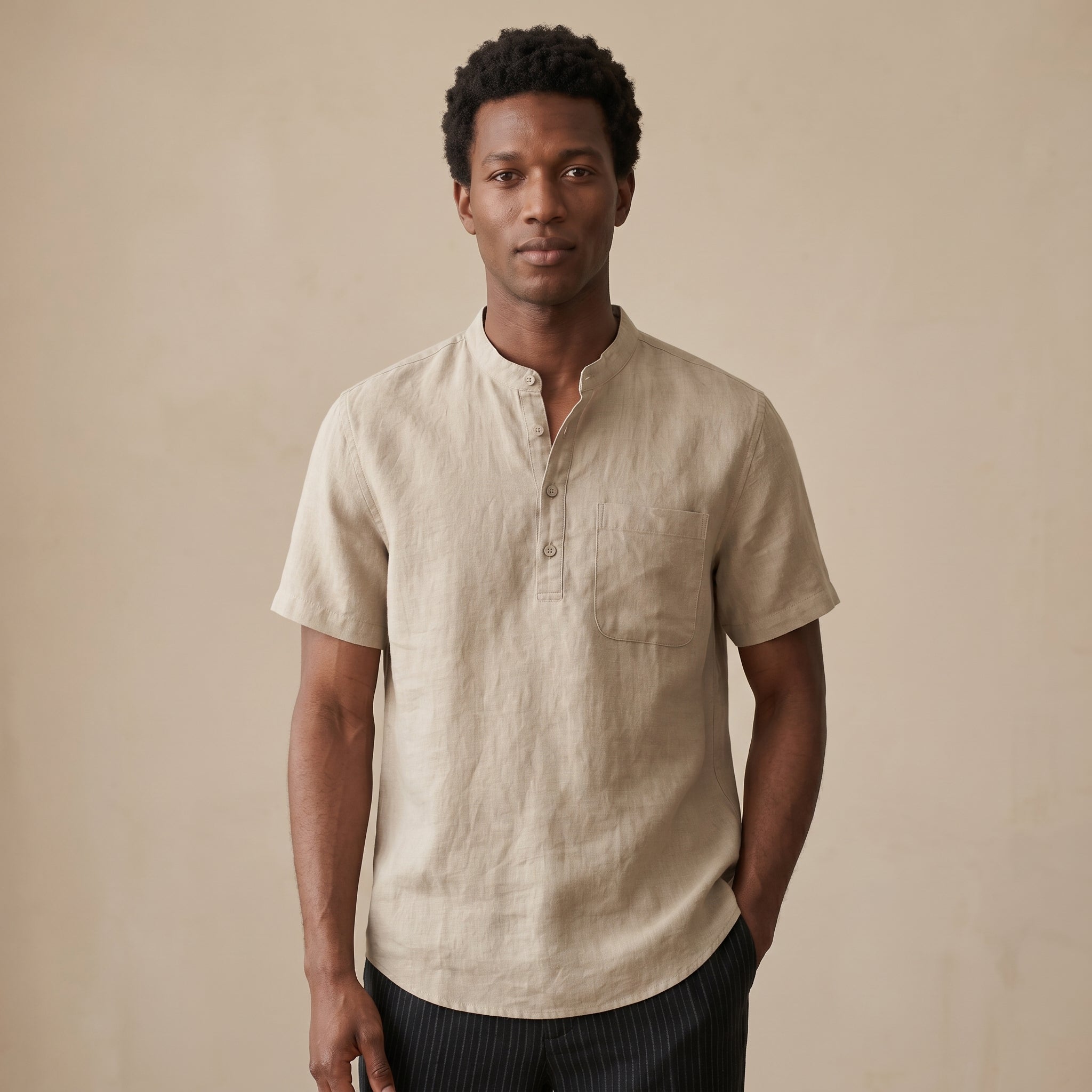 Men’s Band Collar Short Sleeve Shirt-Azzella London