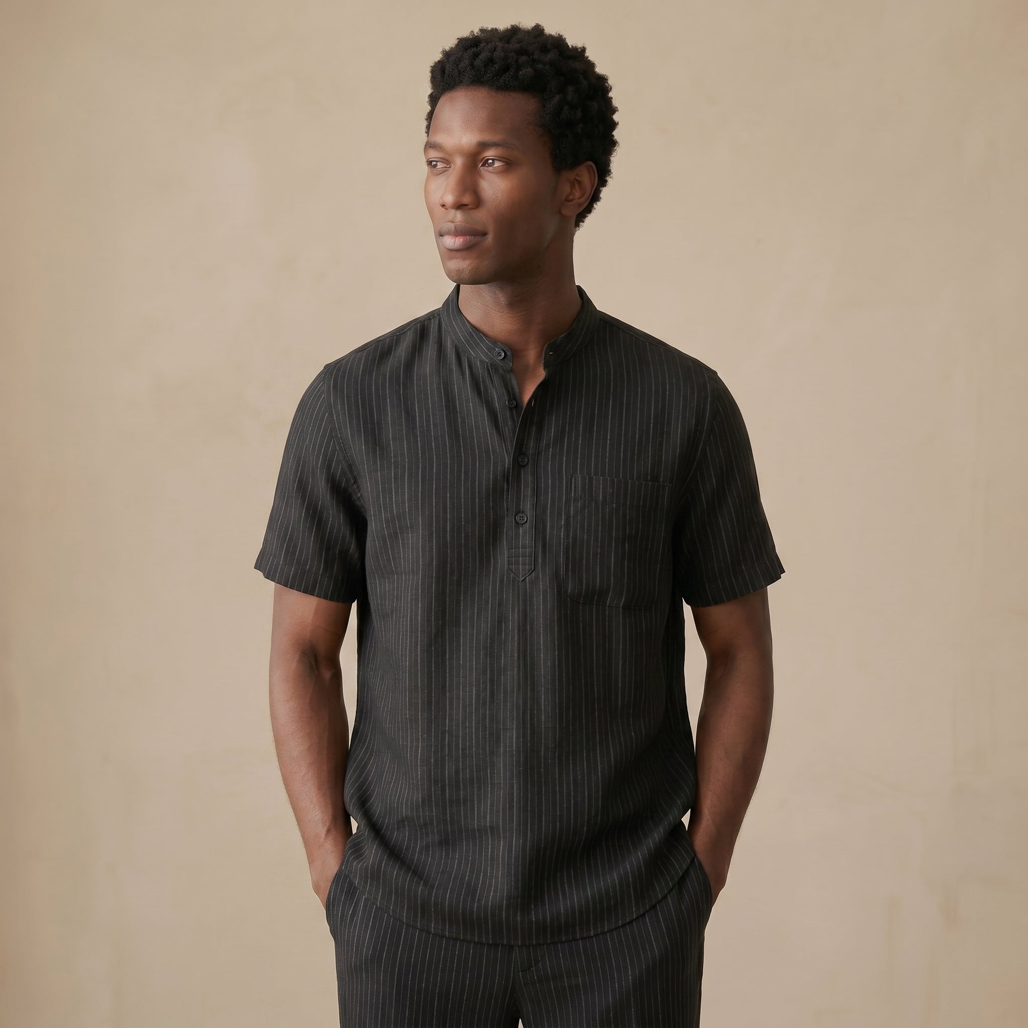 Men’s Band Collar Short Sleeve Shirt-Azzella London
