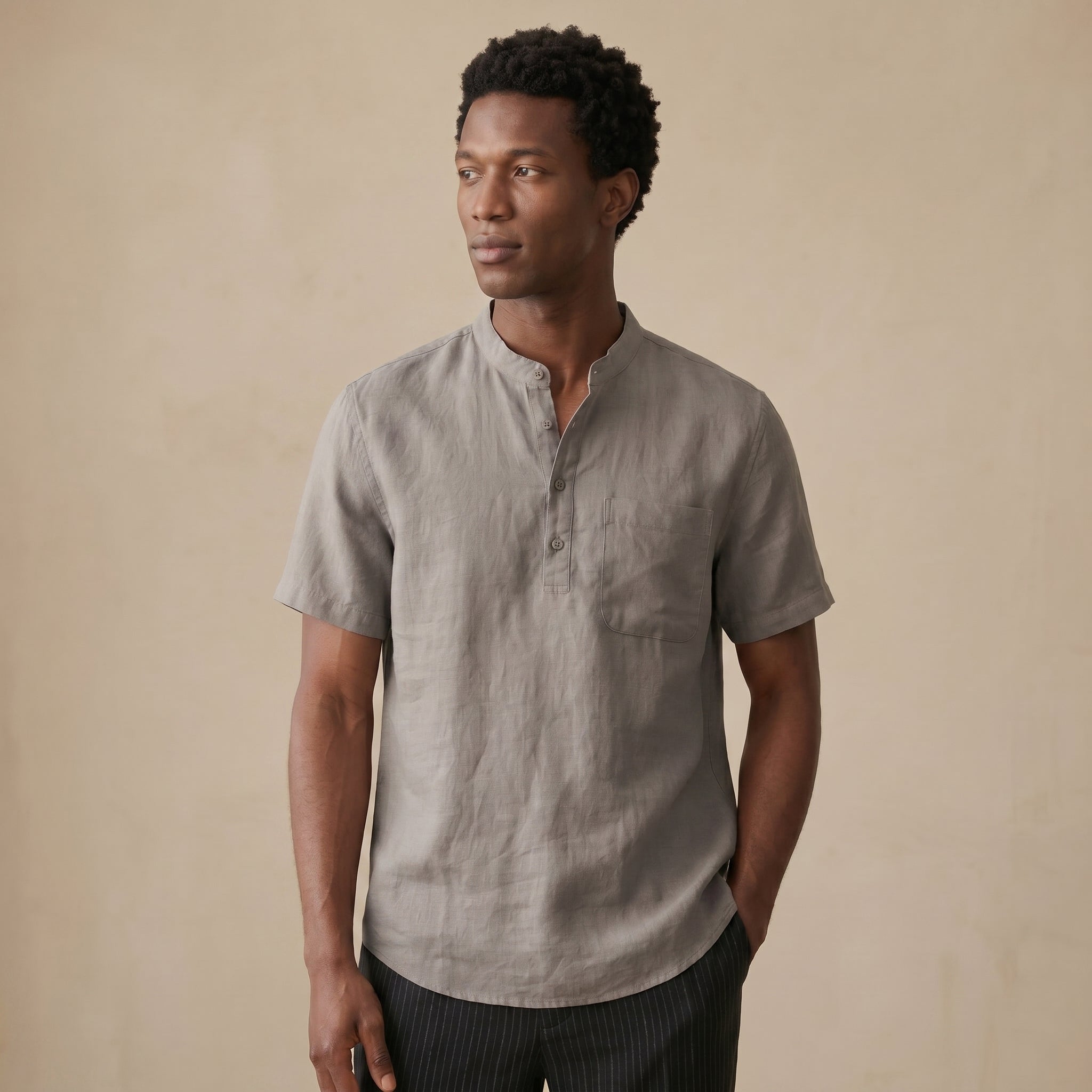 Men’s Band Collar Short Sleeve Shirt-Azzella London