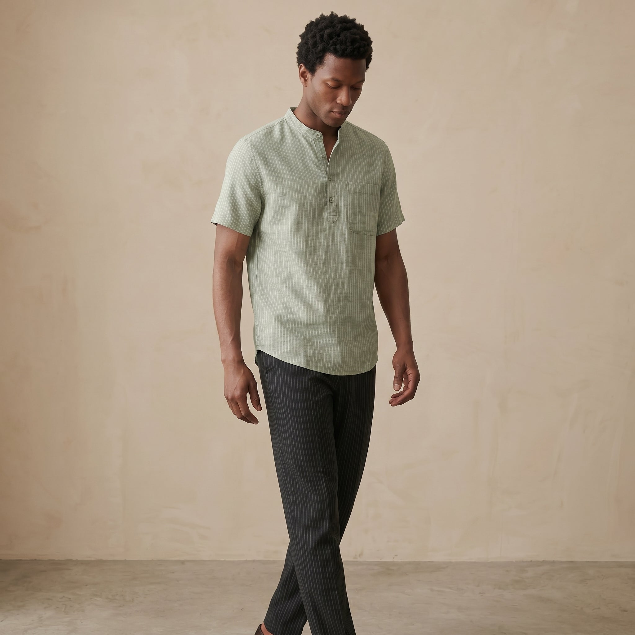 Men’s Band Collar Short Sleeve Shirt-Azzella London