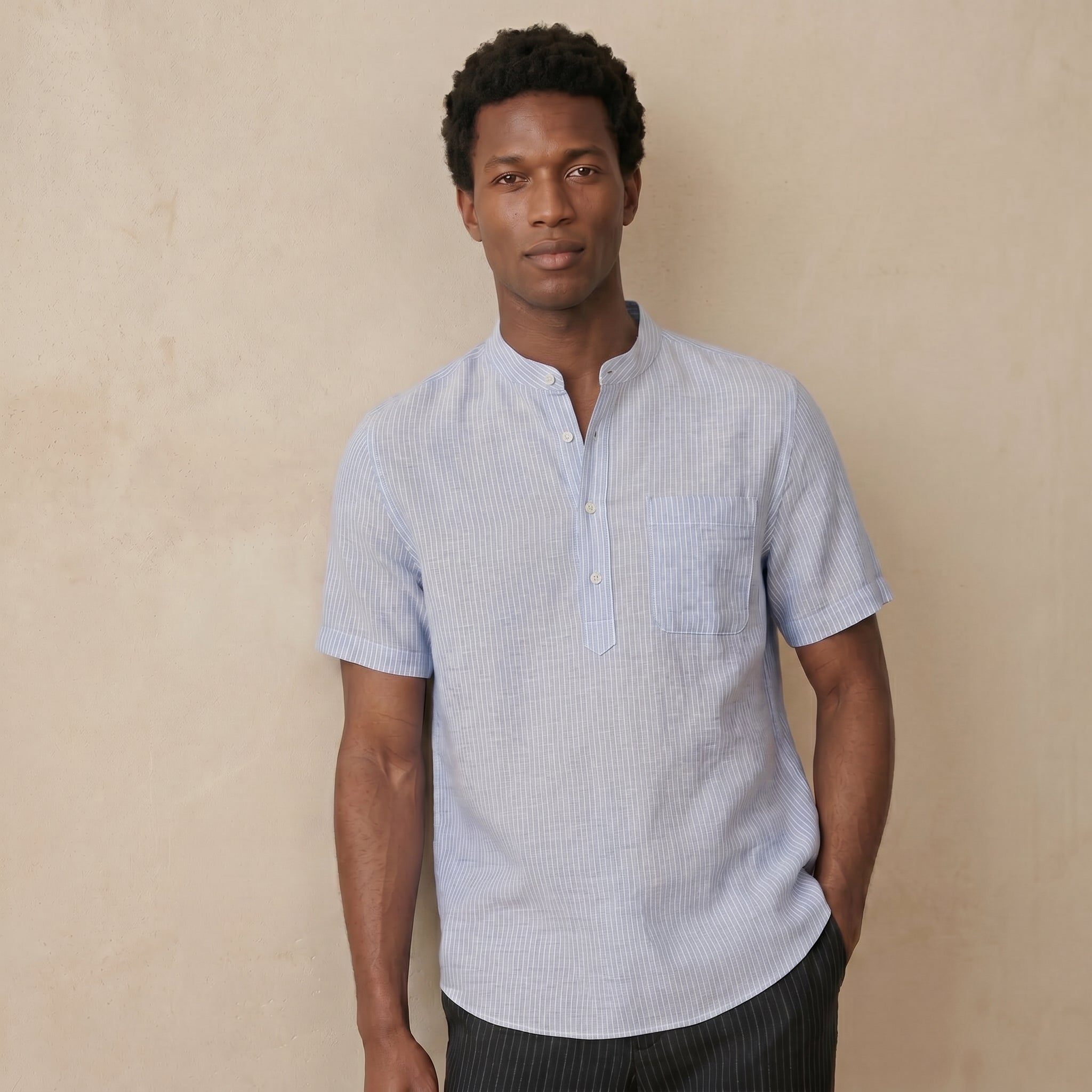 Men’s Band Collar Short Sleeve Shirt-Azzella London