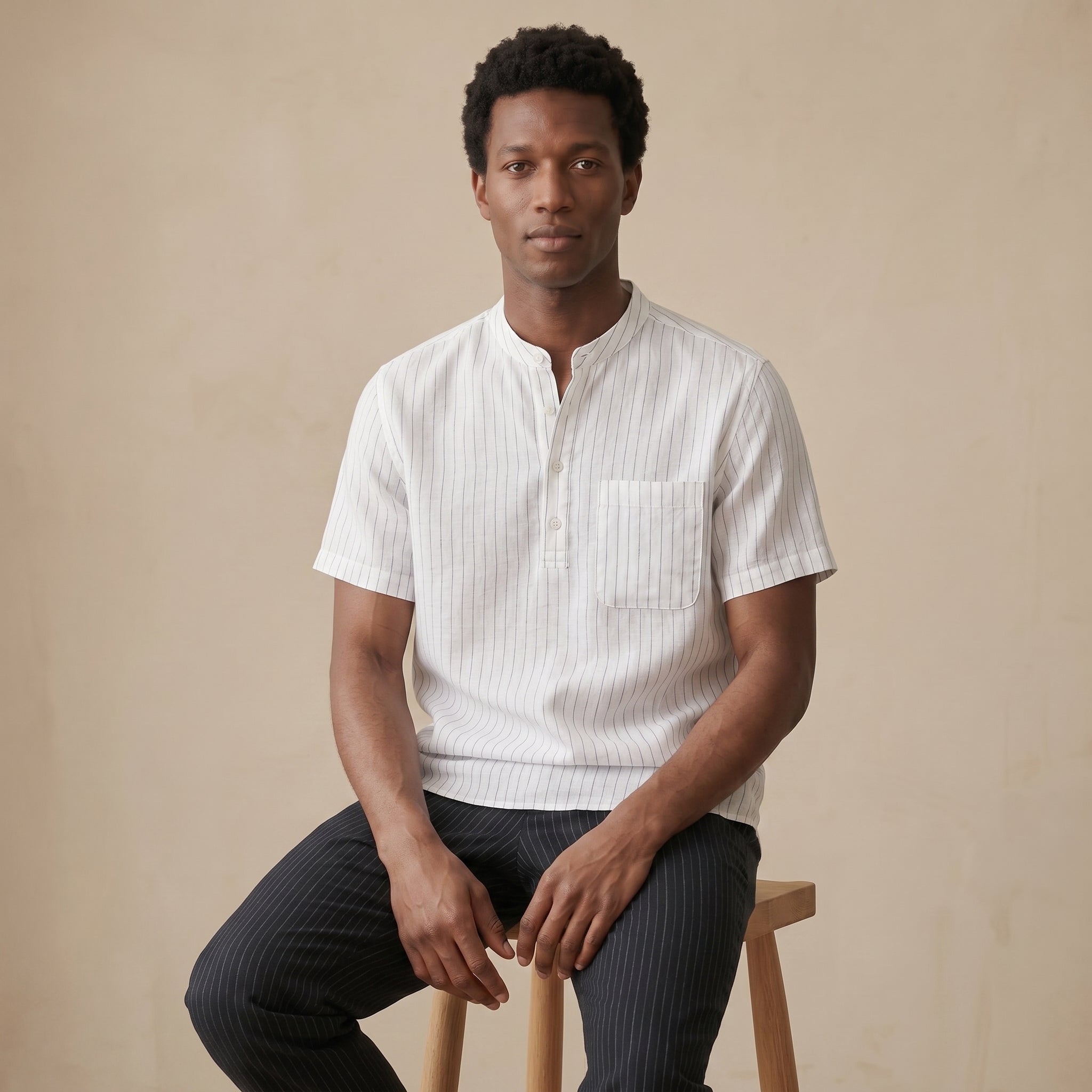 Men’s Band Collar Short Sleeve Shirt-Azzella London