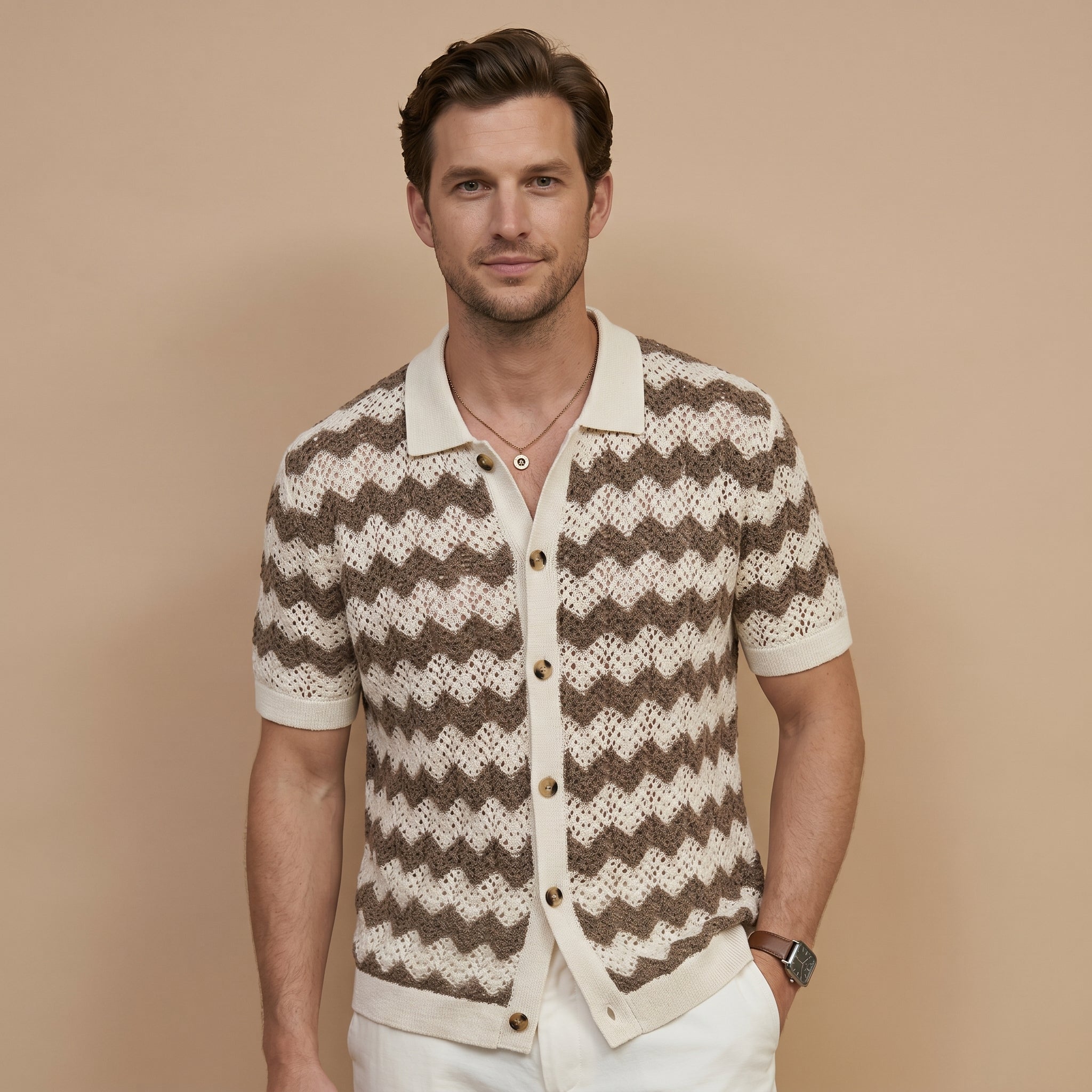Men’s Crochet Knit Polo Shirt-Azzella London