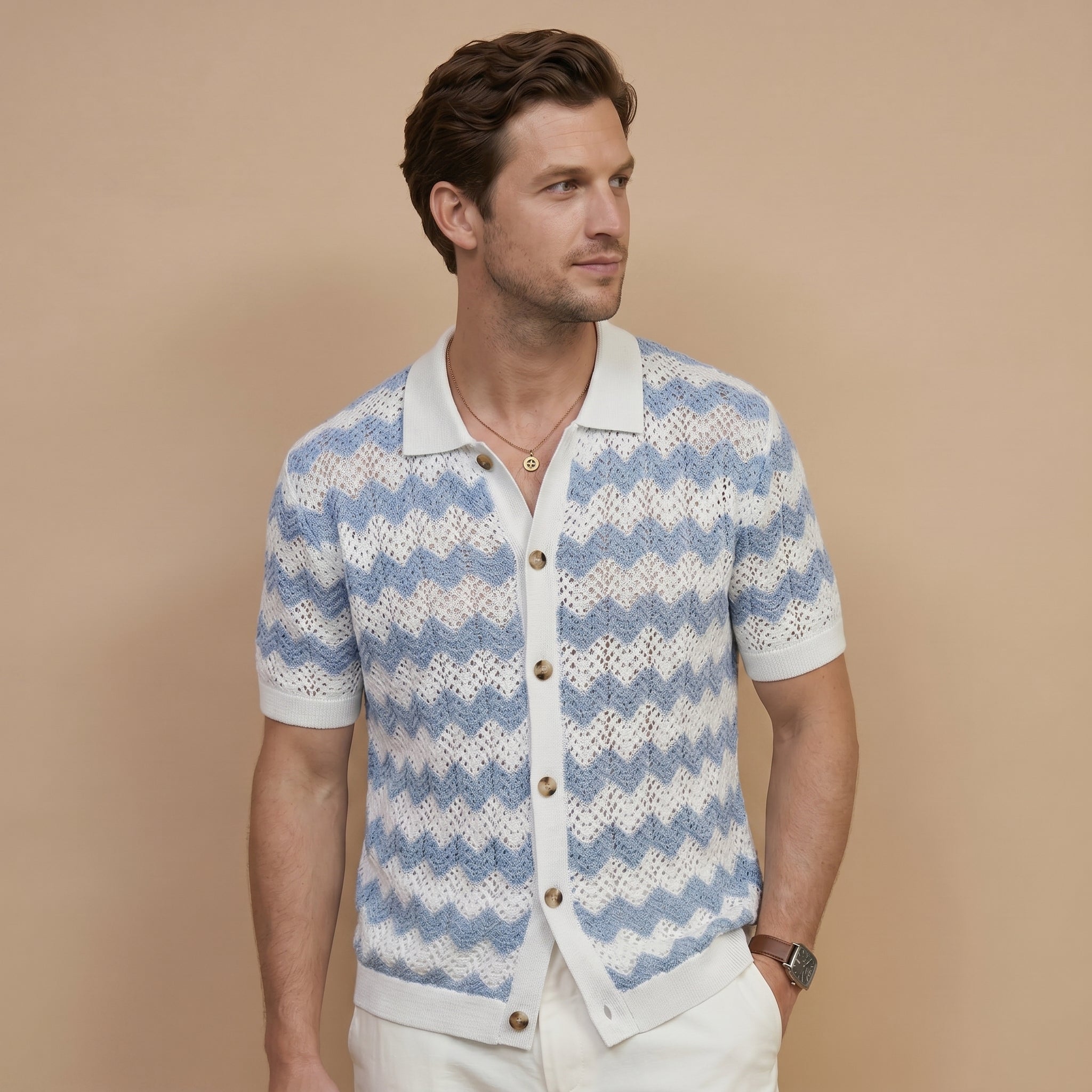 Men’s Crochet Knit Polo Shirt-Azzella London