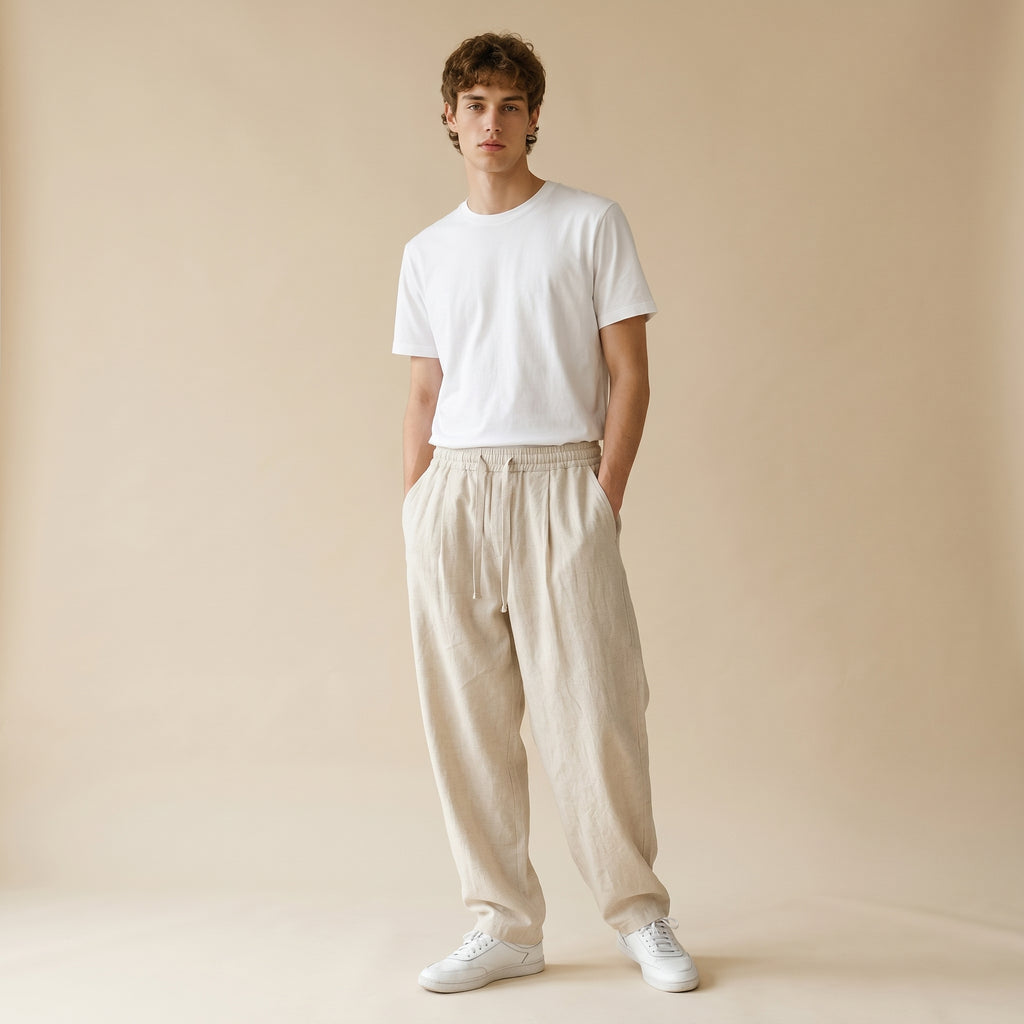 Men's Elasticated-Waist Wide-Leg Trousers with Front Pockets-Azzella London