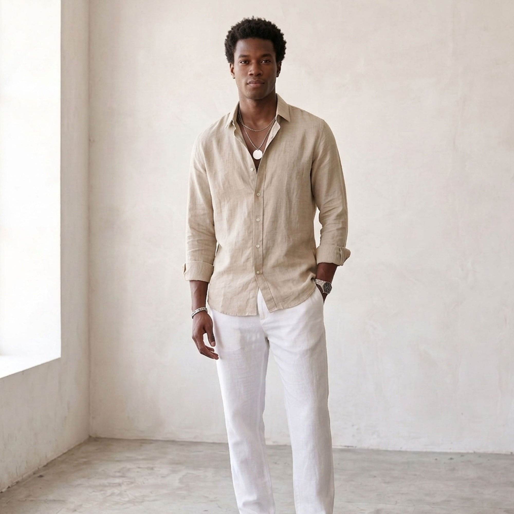 Men's Linen-Blend Long-Sleeve Button-Up Shirt-Azzella London
