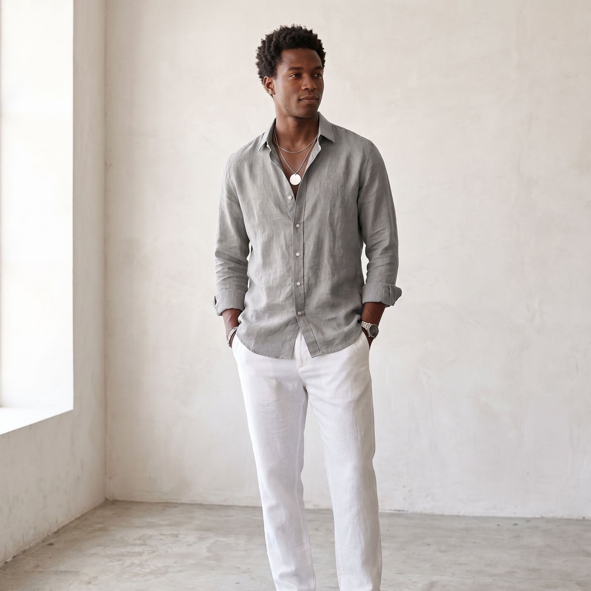 Men's Linen-Blend Long-Sleeve Button-Up Shirt-Azzella London