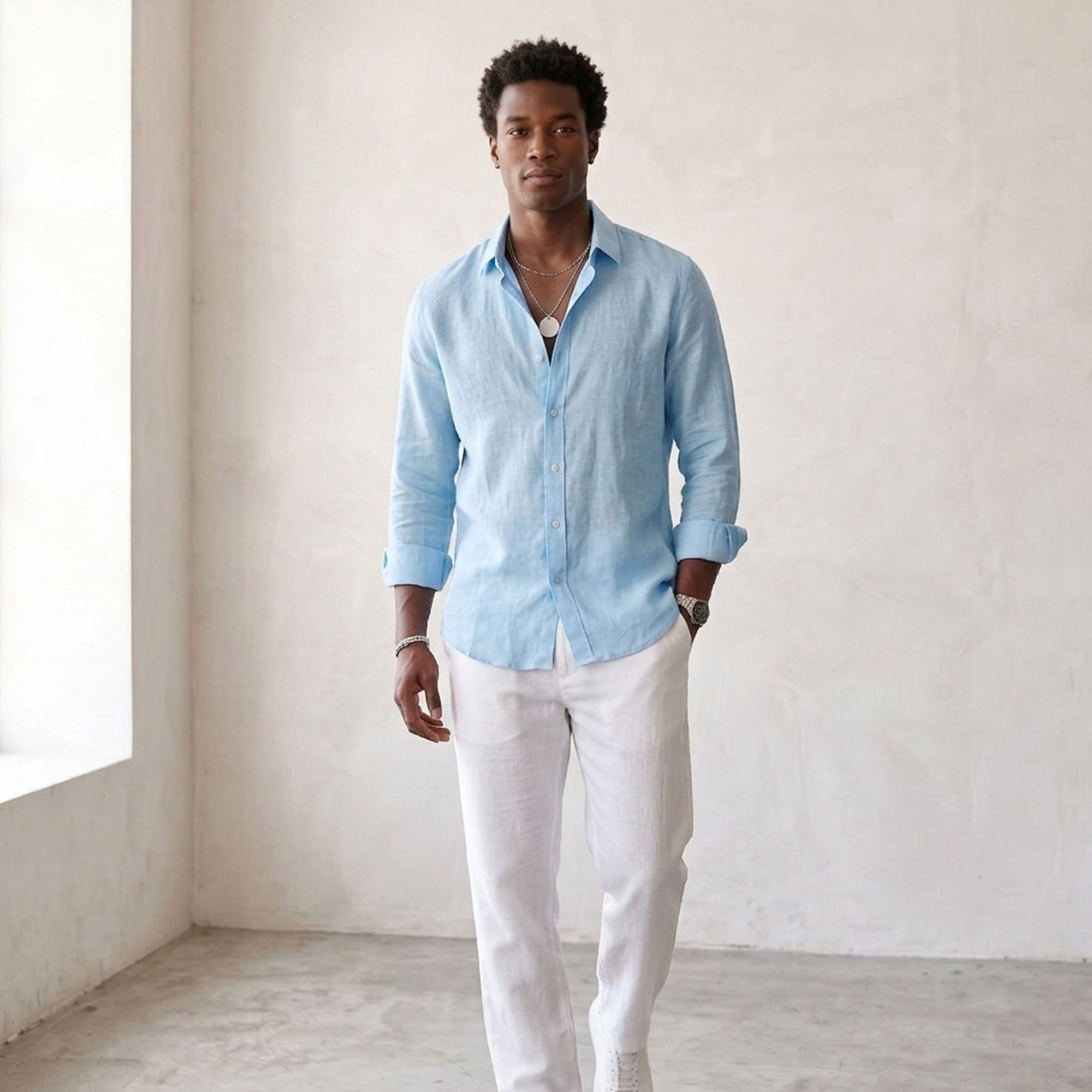 Men's Linen-Blend Long-Sleeve Button-Up Shirt-Azzella London